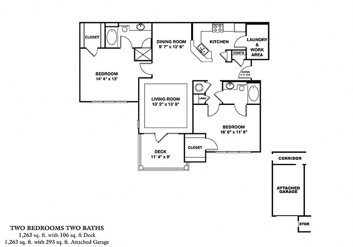 Floor plan for 2 beds, 2 baths, 1263 sqft
